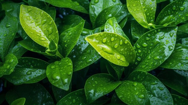 Green leaves with water droplets closeup nature background generative ai