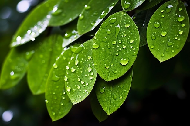 Green leaves with water droplets on them