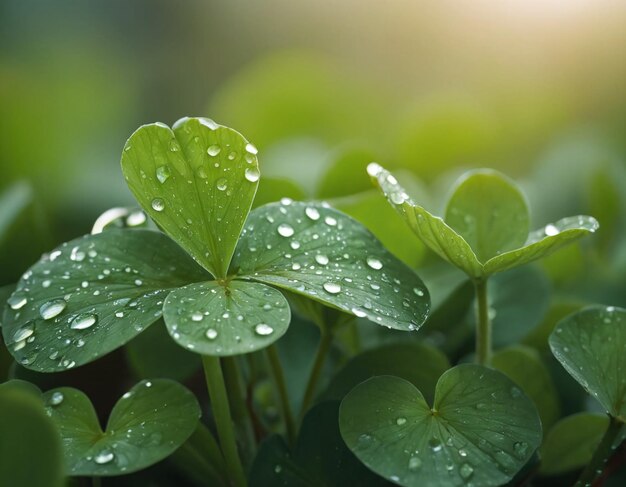 Green leaves with water drops after rain