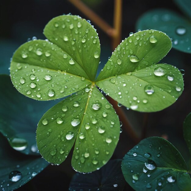 Green leaves with water drops after rain