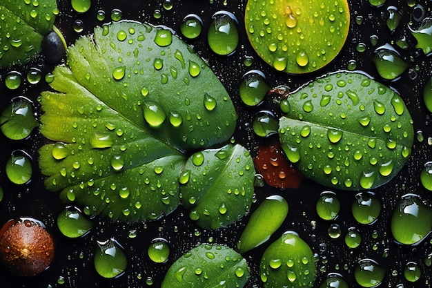 Green leaves with water drops on a dark background Closeup