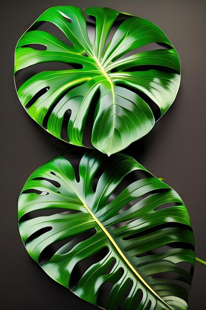 Green leaves with water drops of native Monstera plant growing in wild on black background