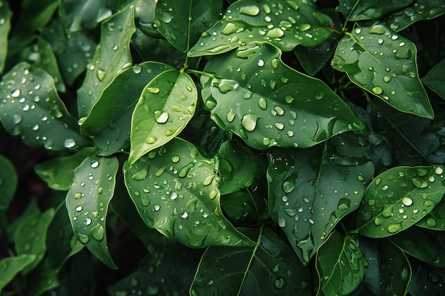 Зеленые листья с каплями воды Натуральный фон