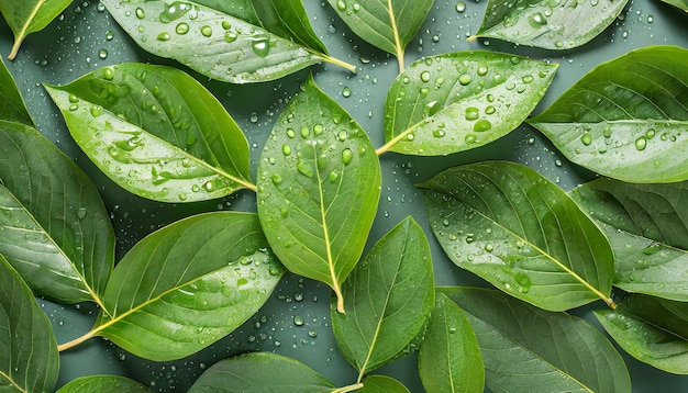 Green leaves with water drops Spring or summer season Flat lay