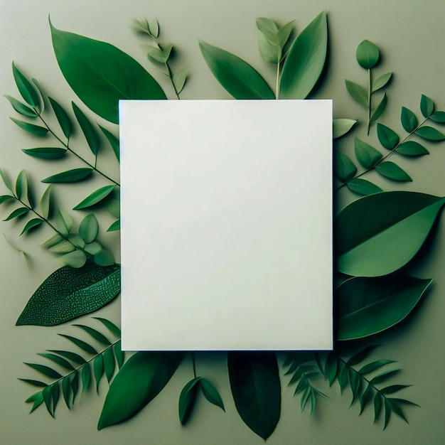 Green leaves with white square flat lay for invitation
