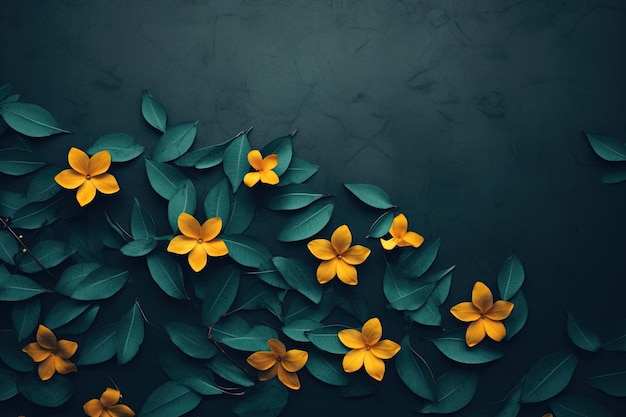 green leaves with yellow flowers dark teal color and light orange minimalist color backdrop