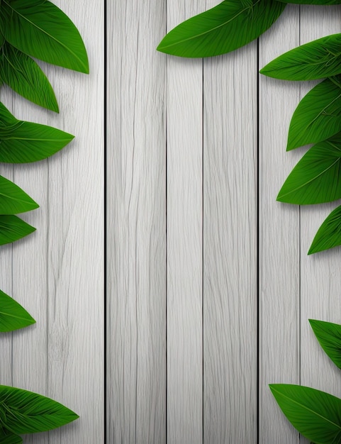 Green leaves on a wooden background