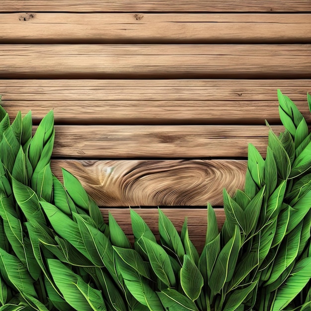 Green leaves on a wooden background