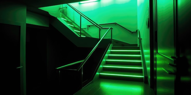 A green led stair light with a black background and a handrail.