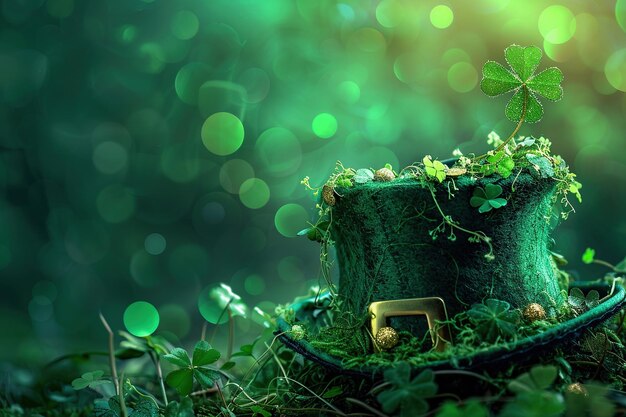 Green leprechaun hat and clover leaves on bokeh background