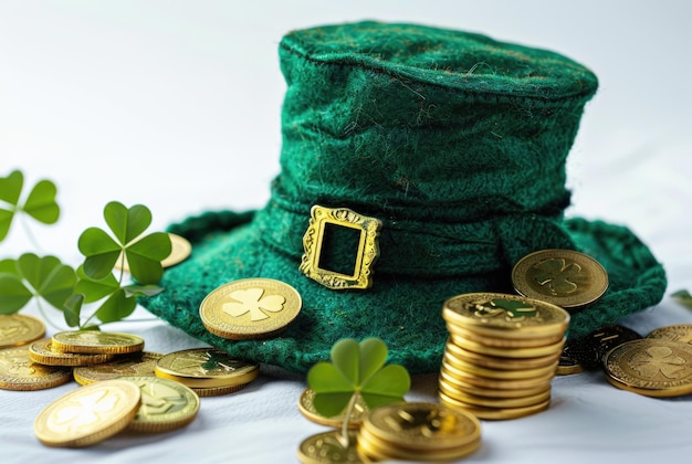 Green leprechaun hat on a pile of gold coins St Patricks Day design