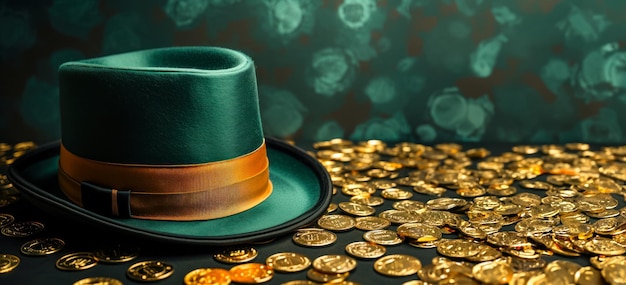 Green Leprechaun hat on scattered gold coins on a green table cloth postcard for St Patrick's Day