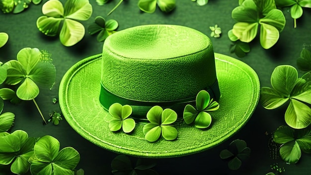 green leprechaun hat with clover for St Patricks day on green background