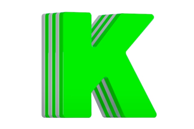 Foto carattere 3d a strati green letter k rendering isolato su sfondo bianco