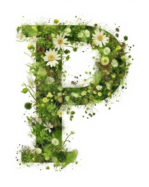 A green letter p made of flowers and grass generative ai