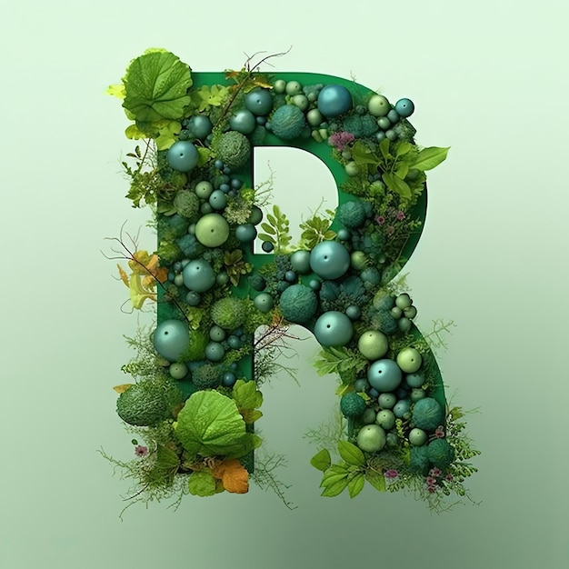 Green letter r by using plants in the style of molecular structures