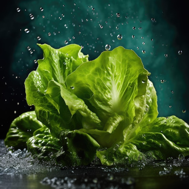 Зеленый салат падает в воду.