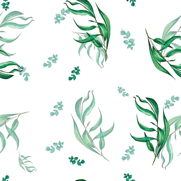 Green leves seamless pattern Watercolor branch twigs illustration Hand drawn for design print fabric on white background