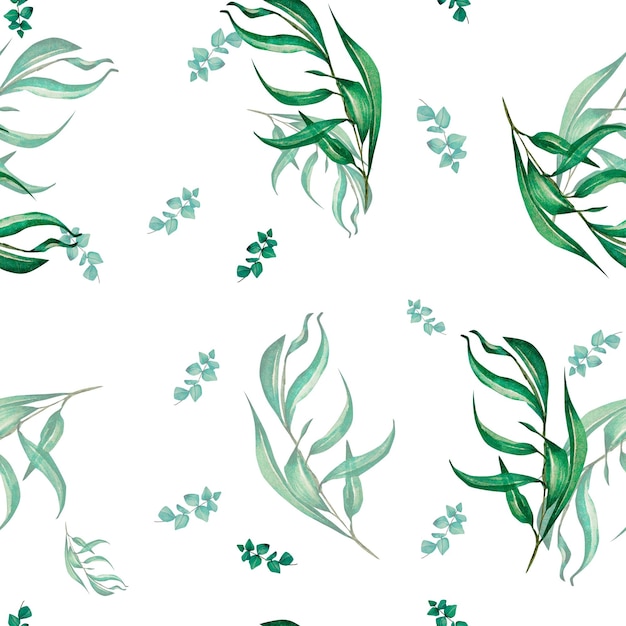 緑の葉のシームレスなパターン水彩画の枝の小枝のイラスト白い背景の上のデザインプリント生地のために手描き