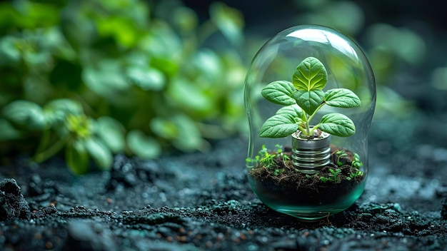 Green Light Bulb Plant on Dark Background A Symbol of Clean Renewable Energy Concept Renewable Energy Nature Conservation Sustainable Lighting EcoFriendly Innovation