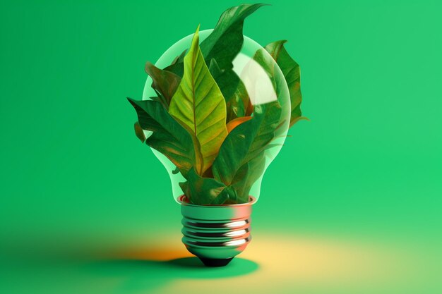 A green light bulb with leaves inside it