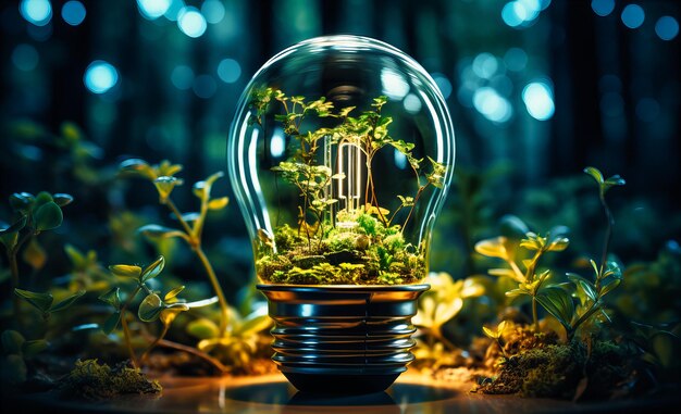 green light bulb with a plant and forest inside