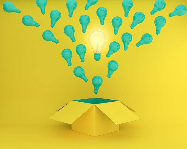 green light bulbs glowing the different creative idea think outside the box on yellow back