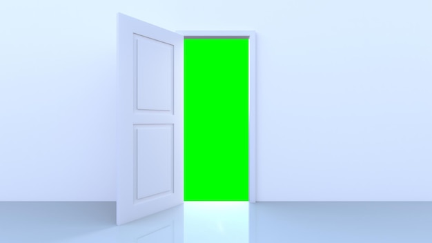 Green light inside the open door isolated on white background\
room interior design element 3d render