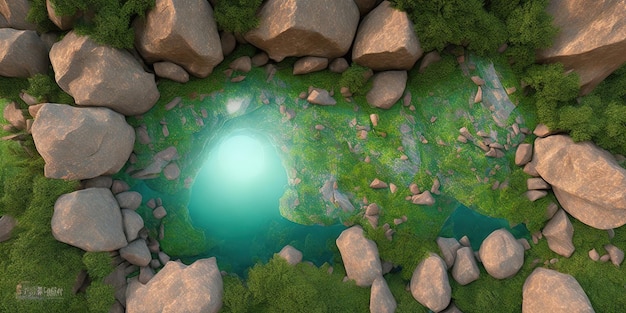 A green light is above a pool of water.