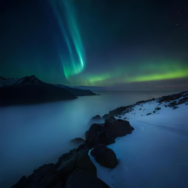 Foto una luce verde è sopra l'acqua e il cielo è illuminato.