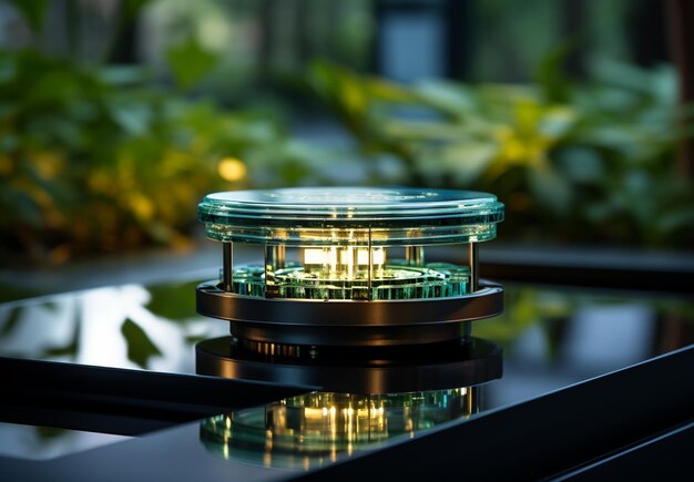 green Light lamp with green energy on white table background