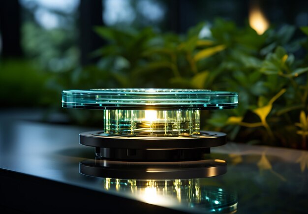 green Light lamp with green energy on white table background