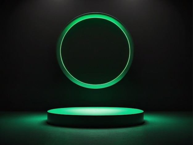 green light round podium and black background for mock up