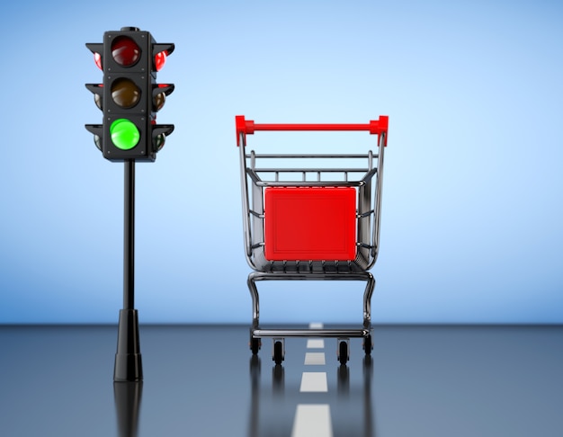 Green Light for Shopping. Shopping Cart with Traffic Light on a blue background