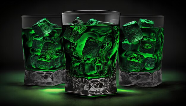 Green lights in a glass of alcohol