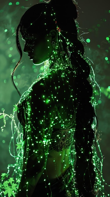 green lights wires tied on indian long haired woman