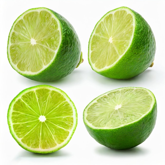 Green lime with cut in half and slices isolated on white background