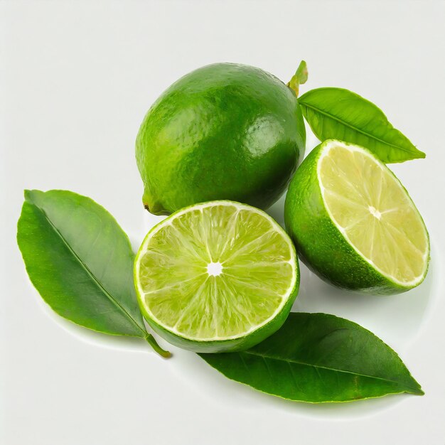 Green lime with cut in half and slices isolated on white background