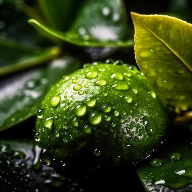 A green lime with water droplets on it