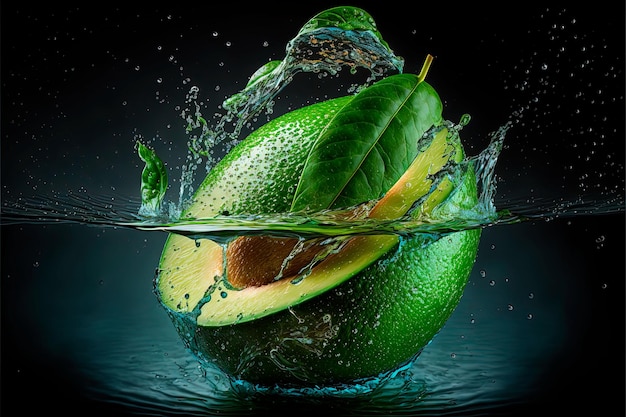 Green limes and avocado in water droppeddesign element and advertising