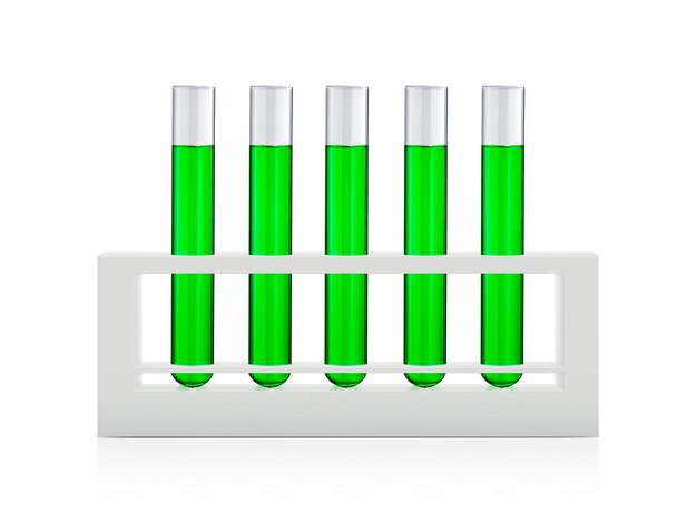 Green liquids in test tubes isolated over white background