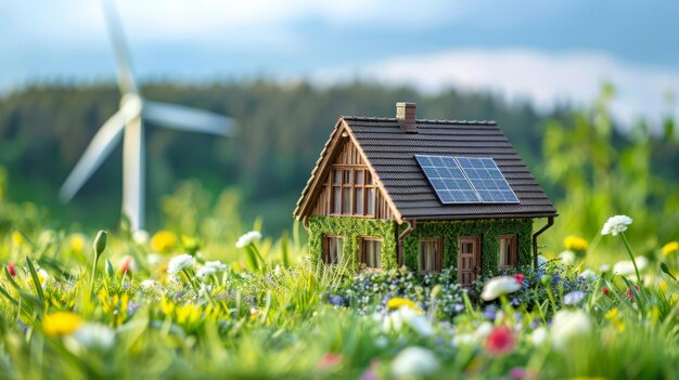 太陽光屋根と遠くの風車の青い空の背景の緑の住宅