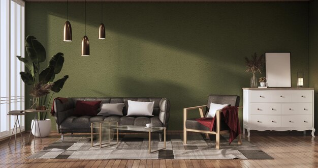 Green Living room has a sofa with lamps and  decorated trees 3d rendering