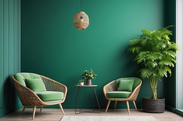 Green living room interior with armchair and green wall background