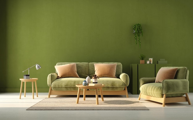 ソファ アームチェアと緑の壁の背景を持つ緑のリビング ルームのインテリア