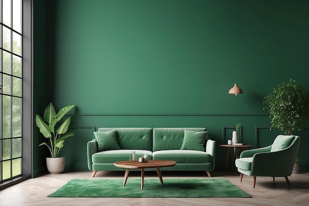 Green living room interior with sofa armchair and green wall background