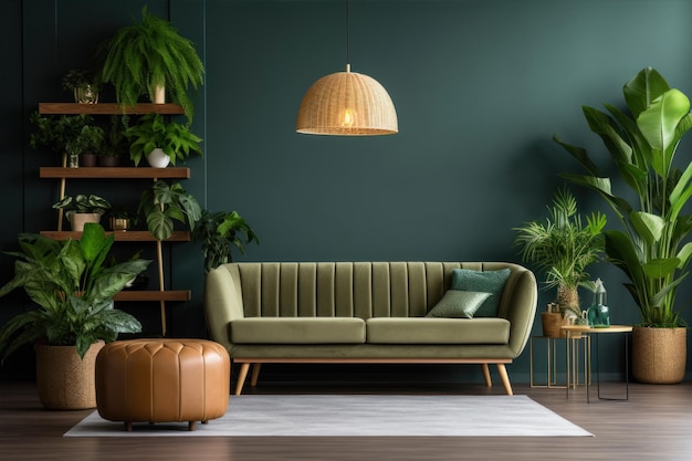 Green living room interior with sofa and plants
