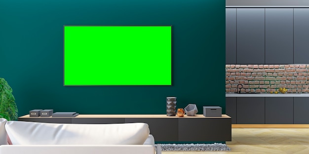 Green living room TV  with sofa, kitchen, console. 3d render illustration.