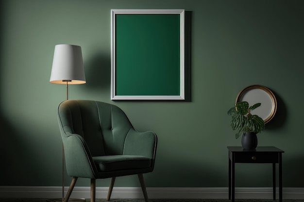 緑のリビングルームの壁の背景にグレーの装飾イラスト AIジェネレーティブ