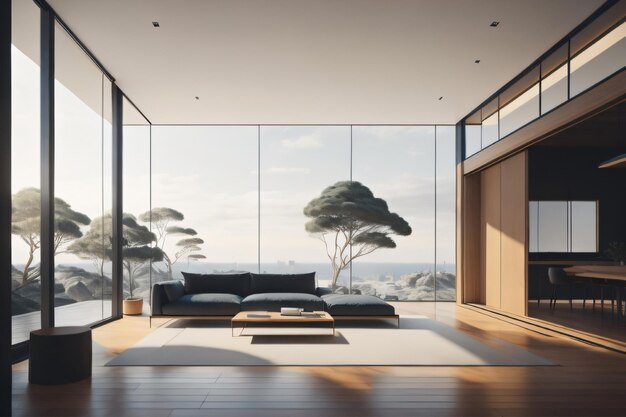 green living room with big window generative AI